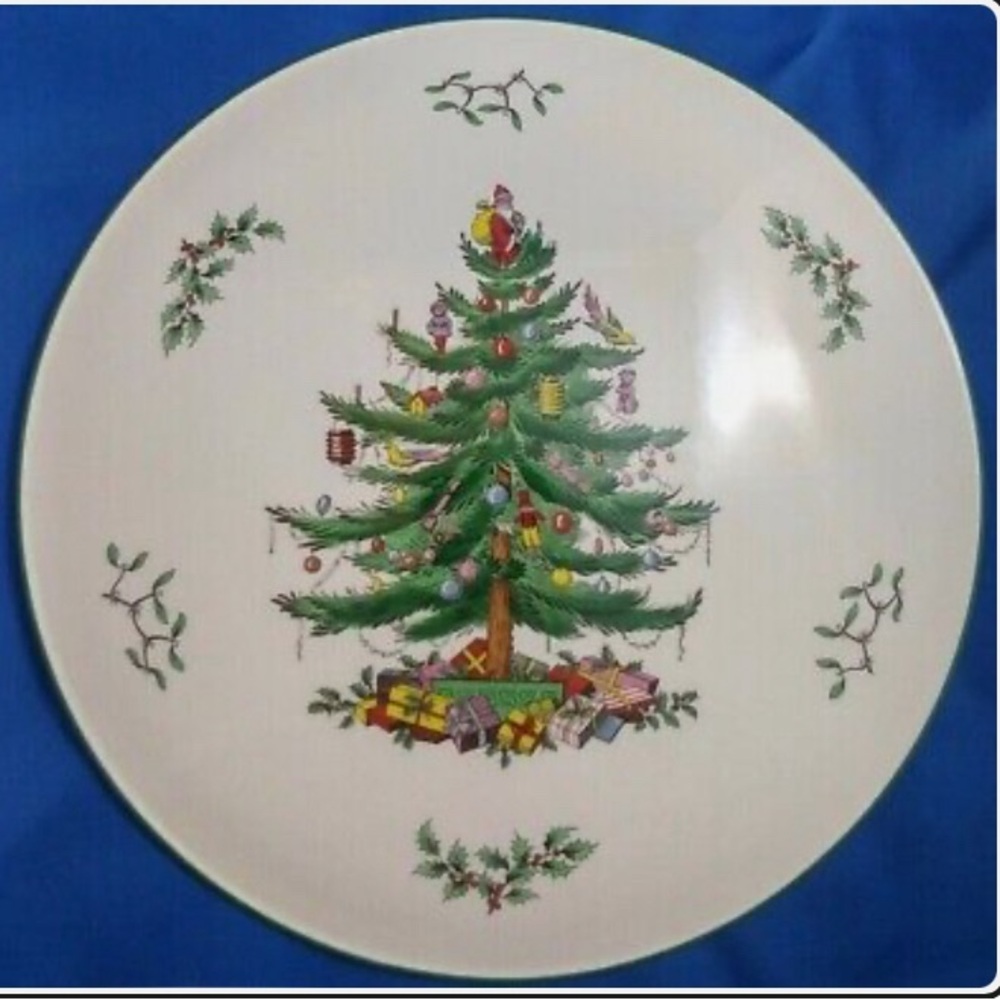 Spode Christmas Tree Cake Dessert Plate S3324-V Green Trim EUC Measures 11.5 in